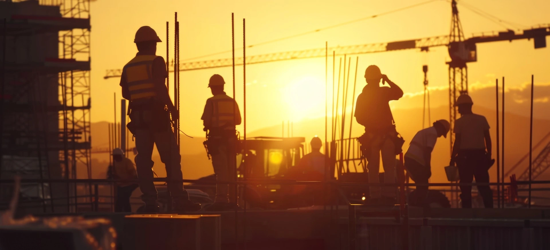 Workers on a roof with sunset in background. Saskatchewan.